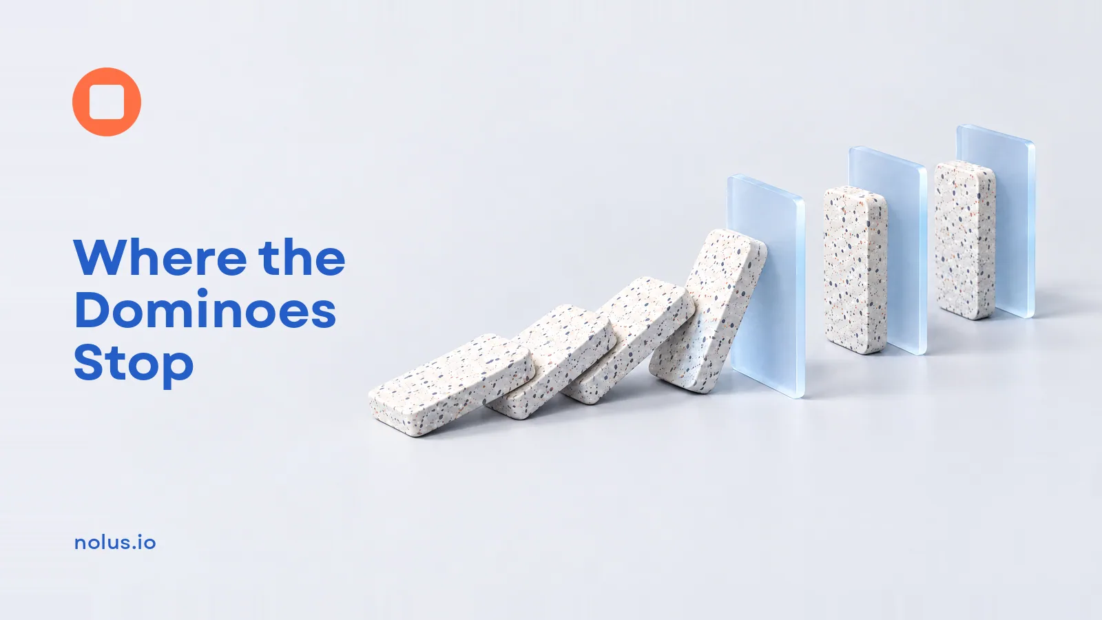 White terrazzo dominoes topple in a chain until a frosted glass wall stops them, while the tiles behind their own glass walls stay standing