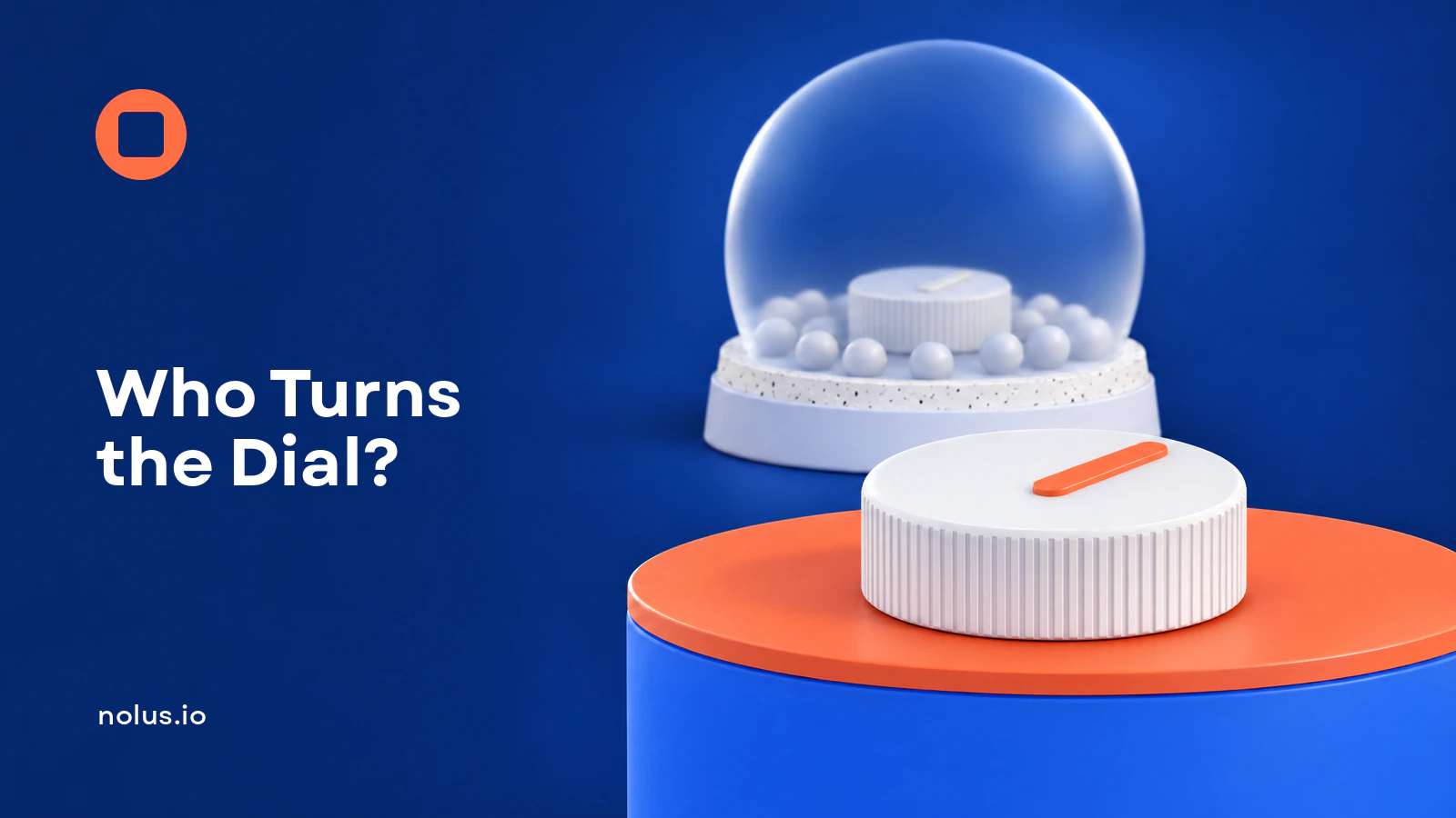 A white ribbed dial with an orange pointer standing open on an orange-topped podium, and a second dial sealed under a frosted glass dome among pale spheres behind it, on a deep blue field