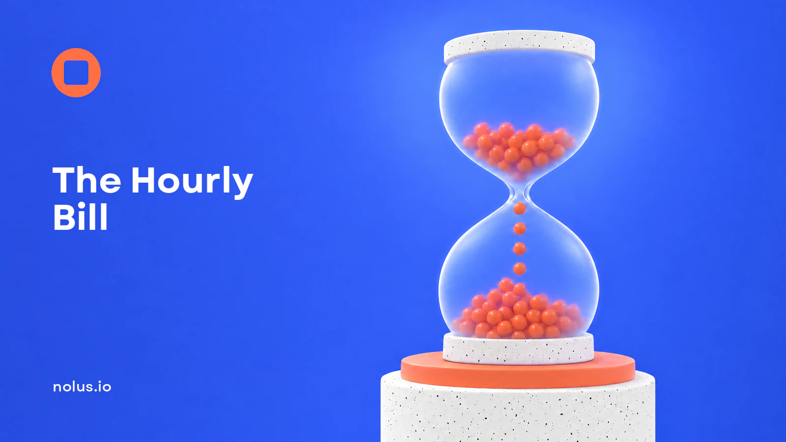 A frosted glass hourglass with white terrazzo caps, small orange spheres running through it one at a time, standing on a white terrazzo podium with an orange top against a blue background