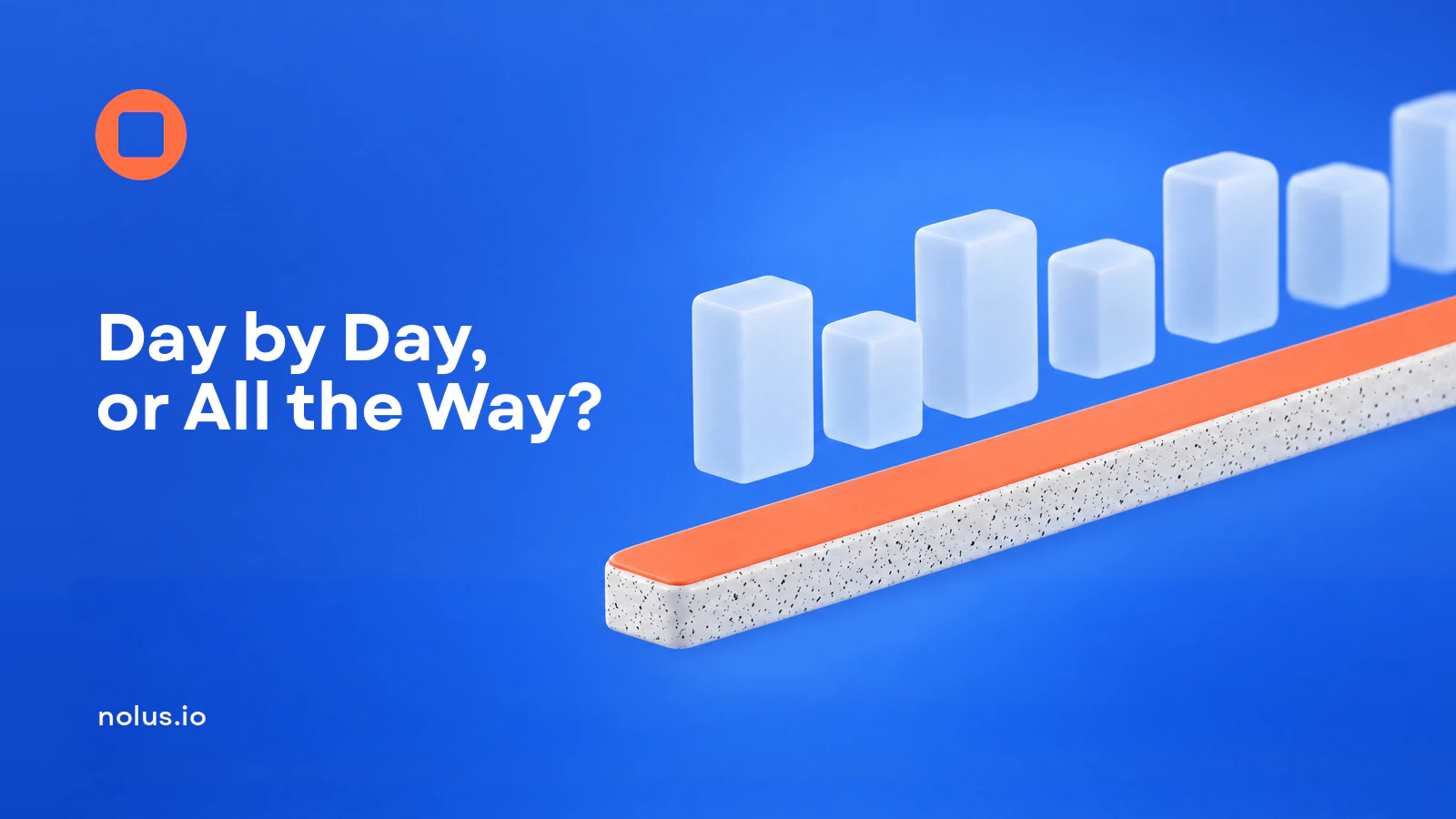 Seven frosted glass blocks of different heights standing in a row behind one long unbroken terrazzo bar with an orange top, on a deep blue field