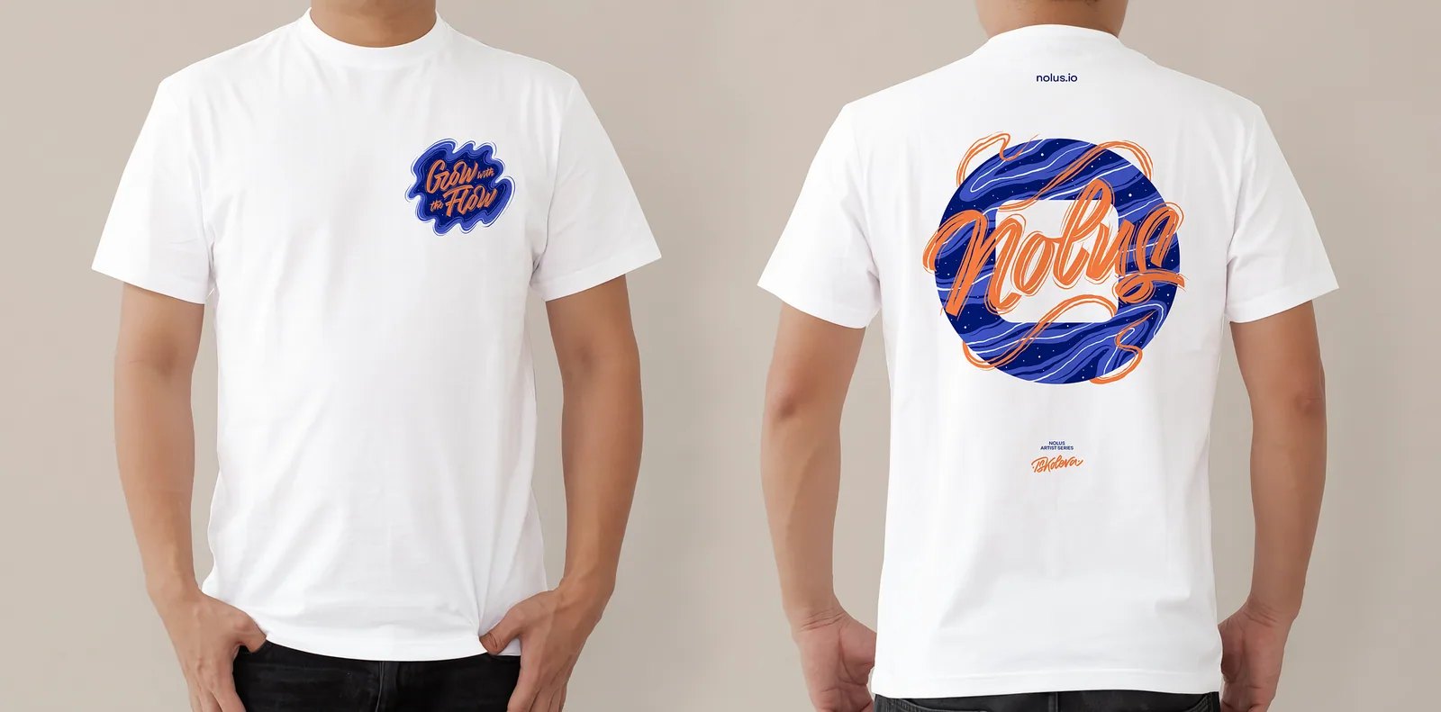 Grow With The Flow tee design by Tsvetislava Koleva with flowing calligraphy expressing DeFi market motion