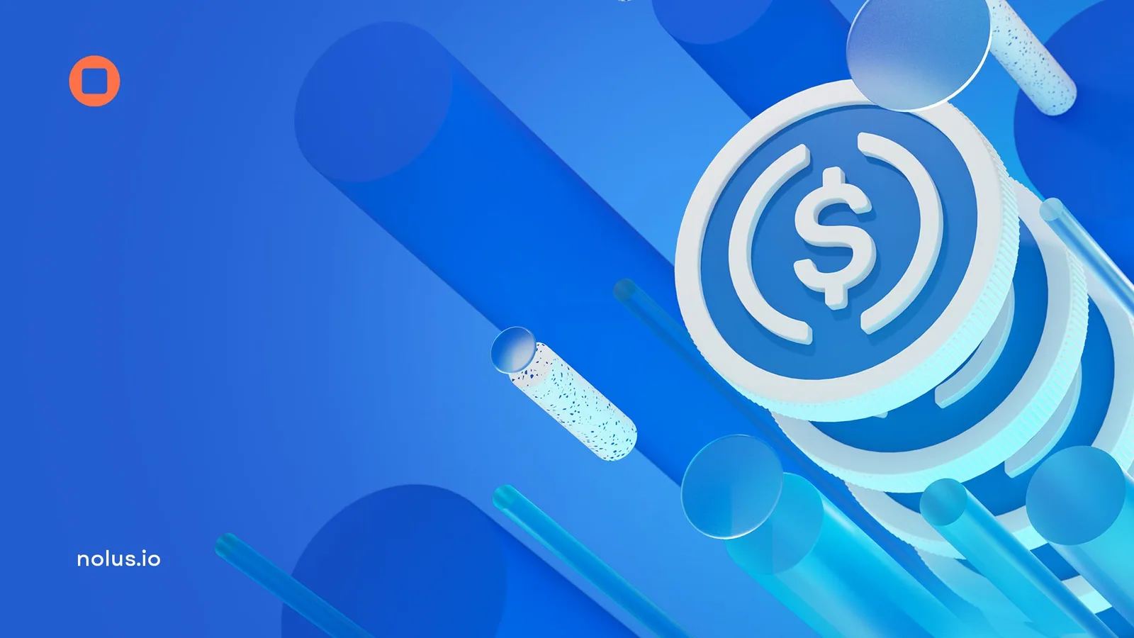 A stack of white and blue USDC coins with the dollar mark among glassy cylinders on a bright blue field